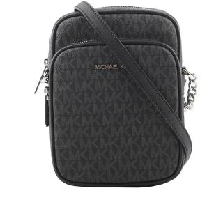 【Michael Kors】銀字滿版塗層帆布拉鍊中款直式斜揹包(黑色)