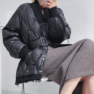 【米蘭精品】現貨+預購 真羽絨90%白鴨絨羽絨衣羽絨外套(保暖氣質亮面收腰V領女夾克5色74gz48)
