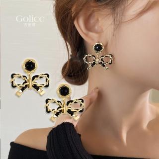 【Golicc】耳環 法式 黑色 蝴蝶結(618 七夕 情人節 生日 飾品 耳釘 耳飾 耳墜 禮物)