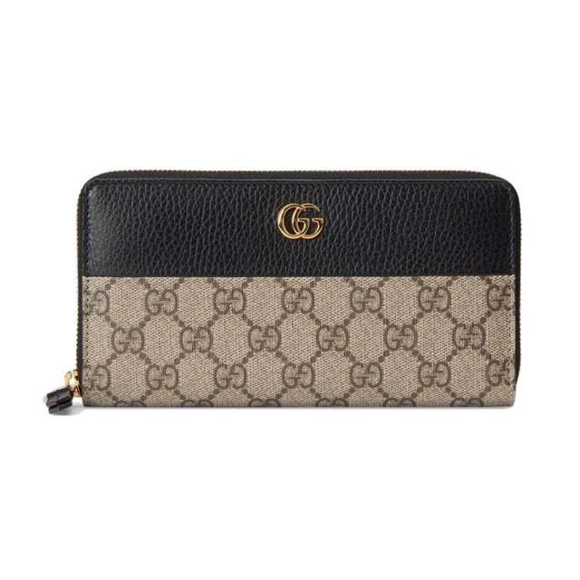 GUCCI 古馳 456117 經典Petite Marmont 皮革拼接帆布拉鍊長夾(黑色)