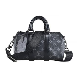 【Louis Vuitton 路易威登】LV M46271 KEEPALL縮寫LOGO印花Eclipse塗層帆布拉鍊手提斜揹包(灰黑)