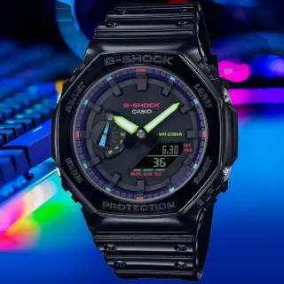 【CASIO 卡西歐】G-SHOCK 虛擬彩虹系列 多彩光譜八角雙顯腕錶 女王節(GA-2100RGB-1A)