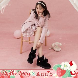 【Ann’S】Ann’S X Sanrio三麗鷗 HELLO KITTY聯名顯腳小 皮標球球蝴蝶結V口顯瘦低筒真皮雪靴3cm(黑)
