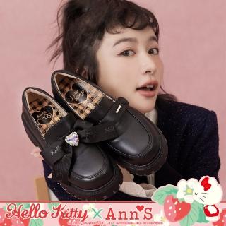 【Ann’S】Ann’S X Sanrio三麗鷗 HELLO KITTY聯名兩穿可拆煥彩愛心寶石大蝴蝶素面厚底學院樂福鞋4.5cm(黑)