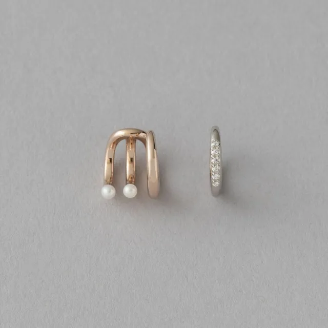 【ete】[ONLINE Limited] 珍珠鑽飾比克耳釦雙組合(粉霧金色與鉑金色)