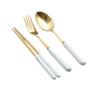 【PS Mall】北歐風大理石餐具三件組 不鏽鋼環保餐具 湯匙 叉子 筷子 餐具套裝 3入(J3003)