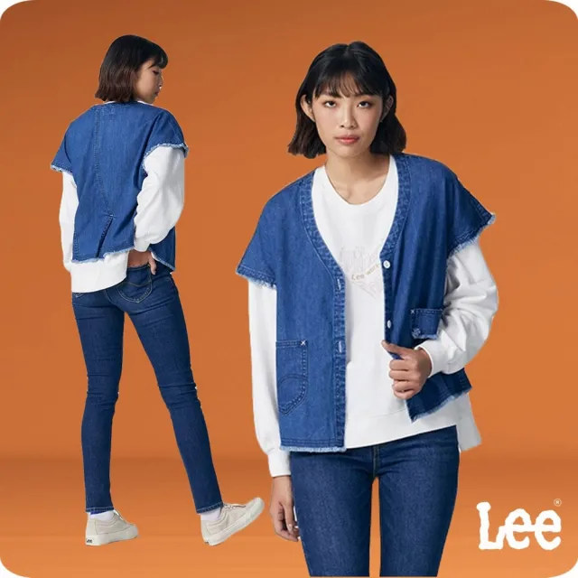 【Lee】女裝 牛仔外套 短袖抽鬚V領 外搭 中藍洗水 季節性版型(LB316003M25)