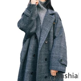 【Alishia】歐式典雅細格紋中長款毛呢風衣 S-2XL(現+預 灰色)