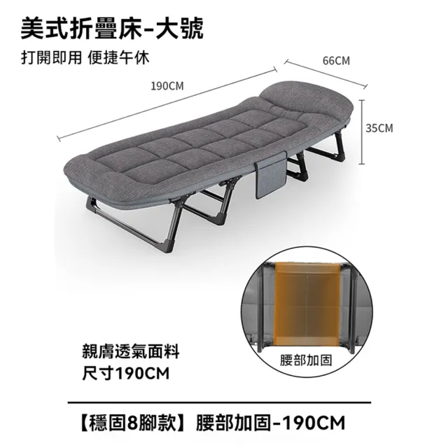 【小不記】床墊一體 美式折疊床 六段式調節 八腿更穩固(摺疊床 躺椅 行軍床 辦公午休床 戶外露營 折疊床)