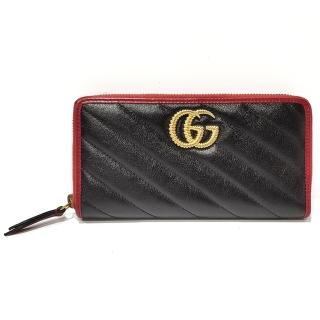 【GUCCI 古馳】573810 經典GG Marmont 絎縫斜紋牛皮撞色拉鏈長夾(黑色)