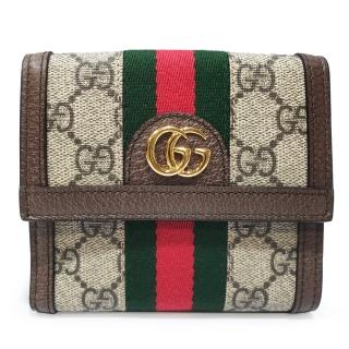 【GUCCI 古馳】523173 經典Ophidia GG印花帆布牛皮飾邊暗釦短夾(棕色)