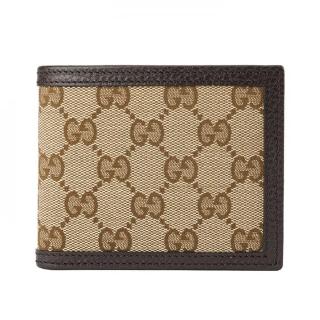 【GUCCI 古馳】260987 經典GG LOGO緹花布面牛皮飾邊6卡短夾(棕色)