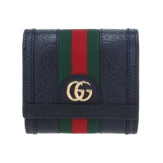 【gucci 古馳】719887 經典ophidia系列gg logo織帶皮革飾邊中短夾(黑色)