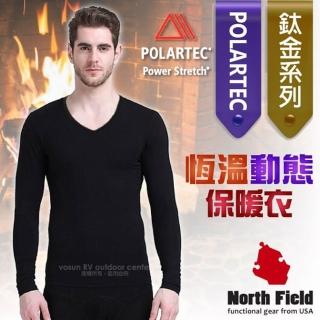 【North Field】男 鈦金 Polartec Power Stretch V領控溫強刷毛保暖衛生衣.內衣.比發熱衣強(8ND113B 黑色)