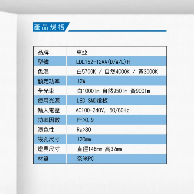 【東亞照明】LED 12CM 12W 崁燈 白光 黃光 自然光 4入組(LED 12公分 崁燈)