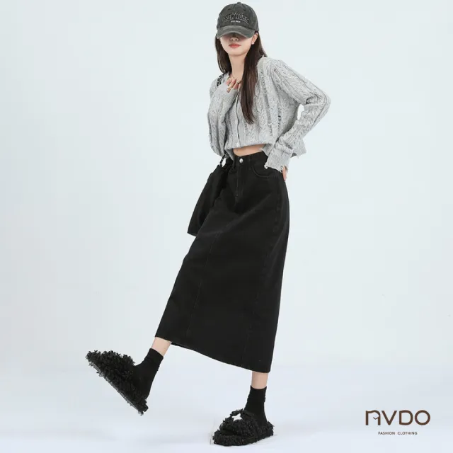 【NVDO】現貨 高腰後開叉牛仔長裙-3色可選(M-XL/顯瘦後開叉/牛仔裙/請以腰圍選購/F023)