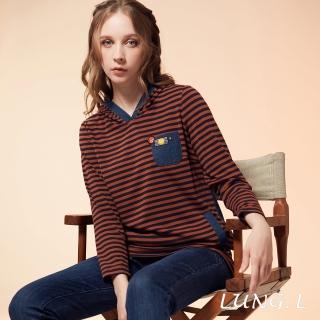 【LUNG.L 林佳樺】LN08A 咖啡色條紋連帽長版長袖棉質上衣(女裝 保暖 秋冬款)