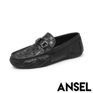 【ANSEL】真皮樂福鞋 牛皮樂福鞋/真皮頭層牛皮時尚混搭材質拼接格子休閒樂福鞋-男鞋(黑)