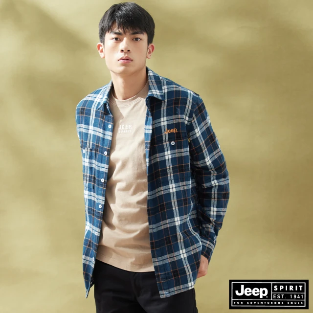 【JEEP】男裝 經典法蘭絨格紋長袖襯衫(藍色)