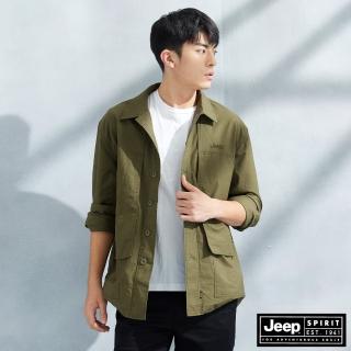 【JEEP】男裝 抗撕裂口袋剪接長袖襯衫(綠色)