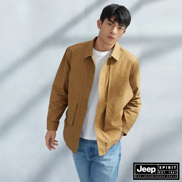 JEEP 男裝 抗撕裂口袋剪接長袖襯衫(卡其色)