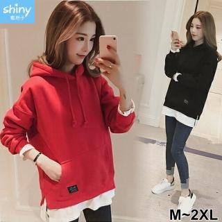 【Shiny 藍格子】假二件拼接連帽刷毛長袖上衣 V2104 現+預(女裝 T恤)