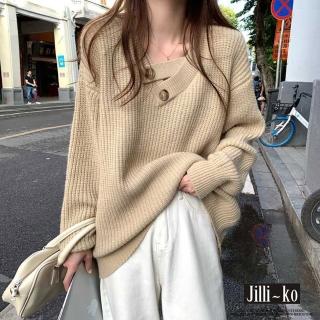 【JILLI-KO】慵懶風V領毛衣女寬鬆設計感針織中大尺碼-F(黑/淺卡)