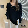 【JILLI-KO】慵懶風V領毛衣女寬鬆設計感針織中大尺碼-F(黑/淺卡)