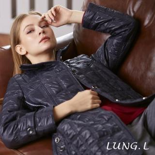 【LUNG.L 林佳樺】LN48C50 藍色鋪棉電繡格紋長版長袖外套(女裝 保暖 秋冬款)