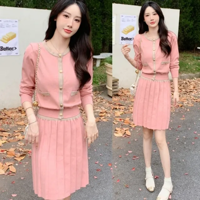 【baibeauty 白鳥麗子】經典撞色針織排釦長袖上衣+高腰百摺A字短裙(兩件式套裝)