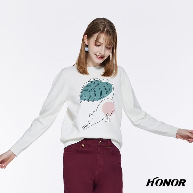 【HONOR 山形屋】貓咪線條色塊圖案針織上衣(MOMO獨家限定)