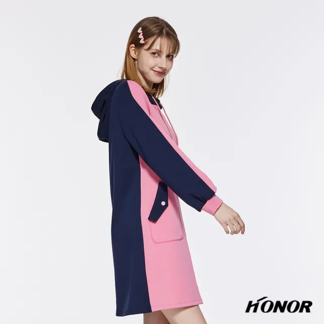 【HONOR 山形屋】撞色拼接斜方口袋連帽洋裝(MOMO獨家限定)