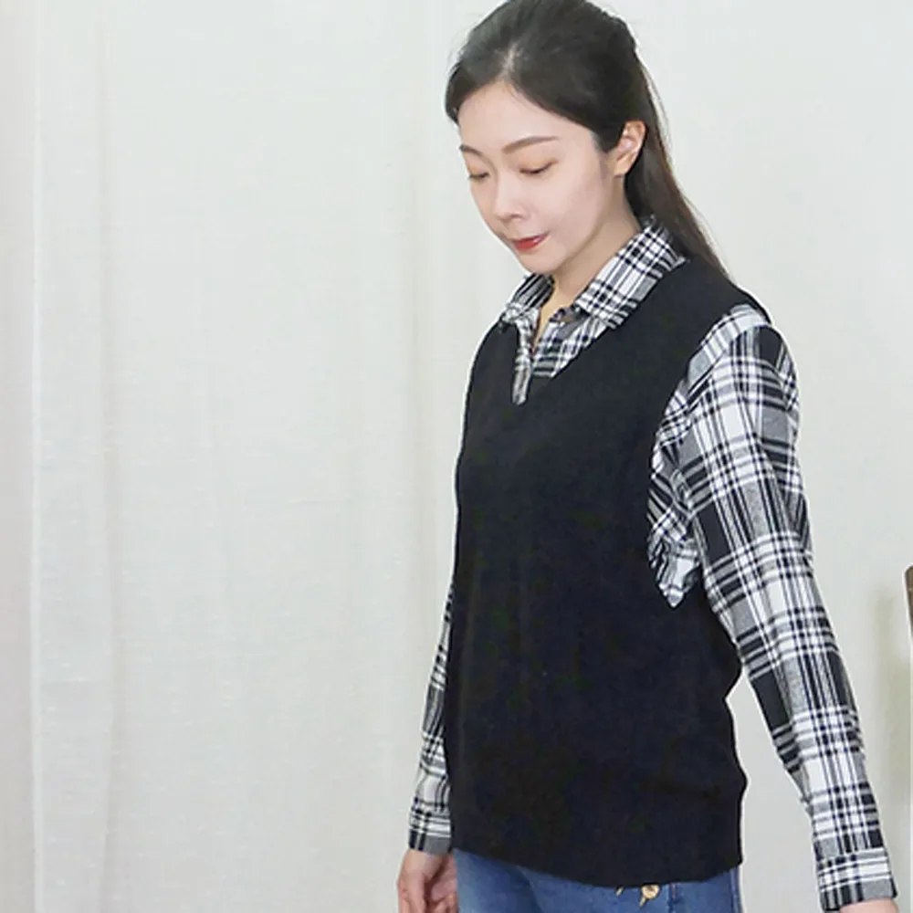 【Hana Mokuba】花木馬日系女裝層次假兩件格紋襯衫毛衣(針織衫)