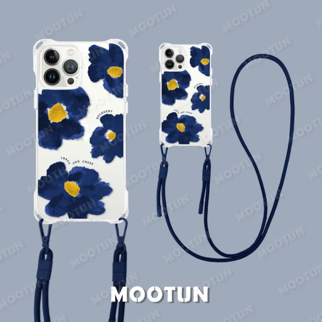 【MOOTUN沐盾】iPhone15 14 13 12 Pro Max四角掛繩手機殼 藍水彩花(附手機掛繩)