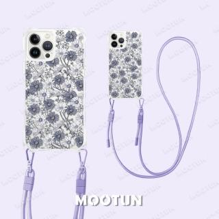 【MOOTUN沐盾】iPhone15 14 13 12 Pro Max四角掛繩手機殼 藍紫雛菊(附手機掛繩)