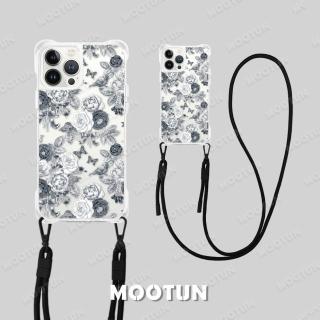 【MOOTUN沐盾】iPhone15 14 13 12 Pro Max四角掛繩手機殼 黑白玫瑰(附手機掛繩)