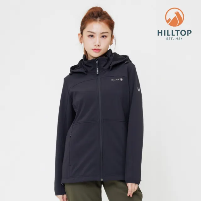 【Hilltop 山頂鳥】SOFT SHELL軟殼衣防風透氣保暖彈性可拆帽外套 女款 黑