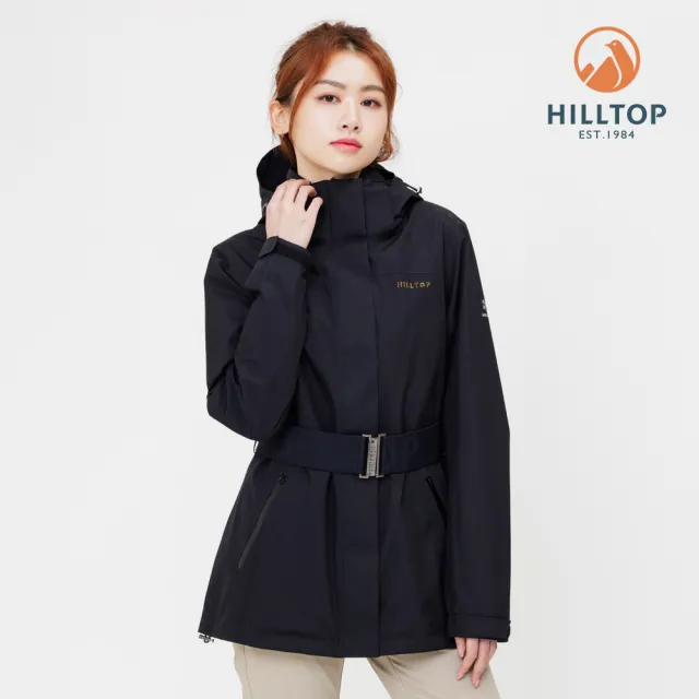 【Hilltop 山頂鳥】GORE-TEX 單件式防潑水施華洛世奇水鑽透氣防風防水可拆帽短版大衣 女款 黑