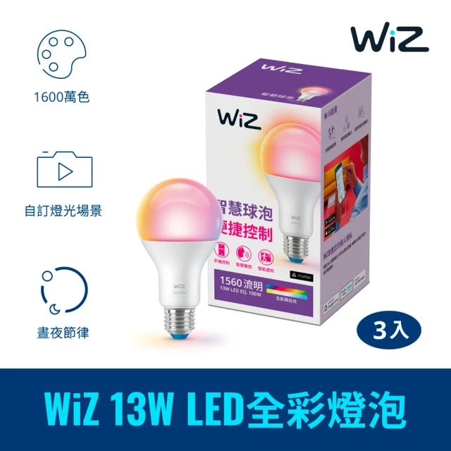Philips 飛利浦 WiZ 13W LED全彩燈泡 3入(PW019)