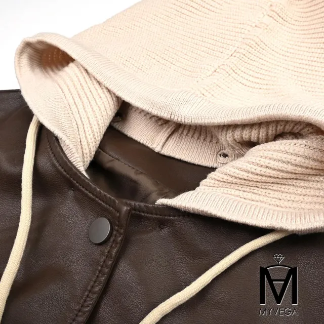 【MYVEGA 麥雪爾】MA可拆式針織連帽短版皮外套-共二色(皮衣/皮外/夾克/連帽外套/保暖外套)