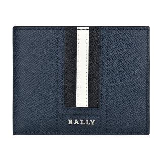 【BALLY】BALLY TVEYE金屬銀字LOGO條紋設計防刮牛皮6卡對折短夾(深藍x黑白黑條紋)