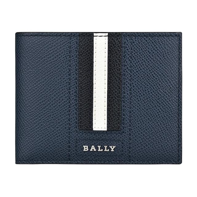 【BALLY】BALLY TVEYE金屬銀字LOGO條紋設計防刮牛皮6卡對折短夾(深藍x黑白黑條紋)