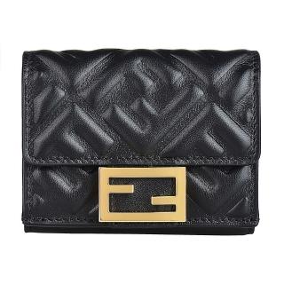 【FENDI 芬迪】FENDI Micro金屬LOGO浮雕雙F小羊皮3卡釦式三折零錢短夾(黑)