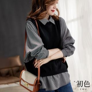【初色】素色拼接格紋假兩件寬鬆中大尺碼娃娃領長袖上衣女上衣-黑色-30205(M-2XL可選)