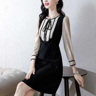 【Very Buy 非常勸敗】黑色洋裝女秋季新款時尚歐美法式赫本風拼接收腰顯瘦中長款
