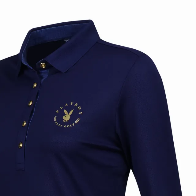 【PLAYBOY GOLF】女款經典兔LOGO吸濕排汗抗UV長袖POLO衫-深藍(高爾夫球衫/KA23202-58)