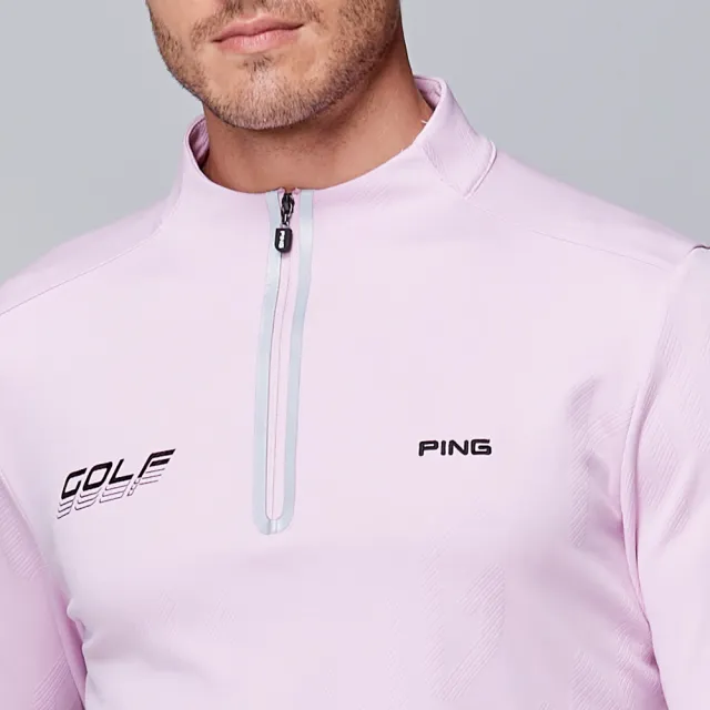 【PING】男款LOGO緹花吸濕排汗立領薄長袖POLO衫-粉紅(GOLF/高爾夫球衫/PA23220-13)