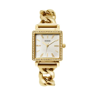 【GUESS】白面 金殼 晶鑽方型 牛仔鍊式不鏽鋼錶帶 手錶 女錶 母親節(W1030L2)