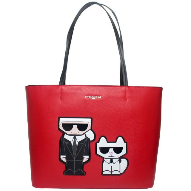 KARL LAGERFELD 卡爾 老佛爺&貓咪皮革肩背托特包 紅色