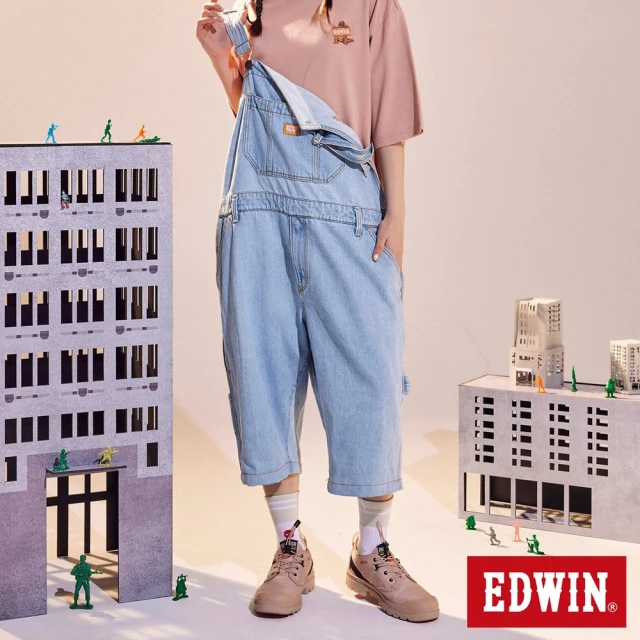 EDWIN 男裝 橘標 寬版吊帶牛仔短褲(重漂藍)
